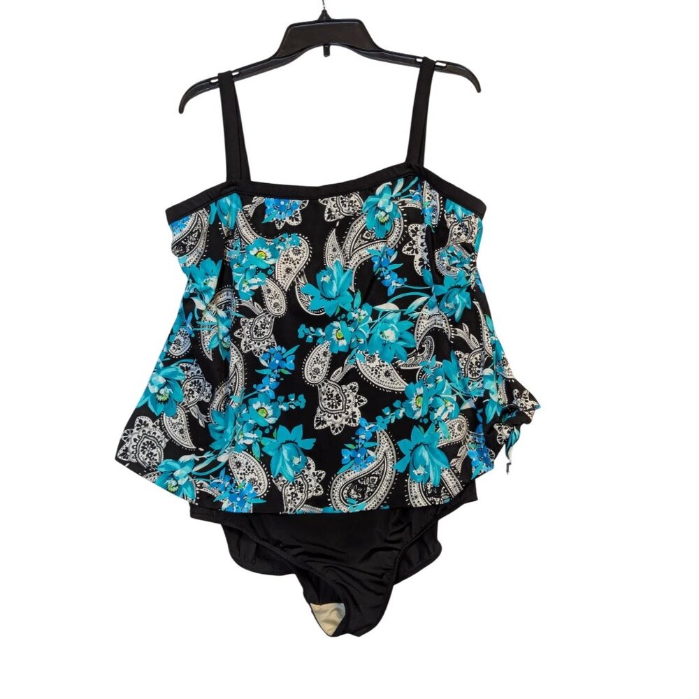 Maxine Of Hollywood Womens 22W Mock Tankini Black Floral Paisley